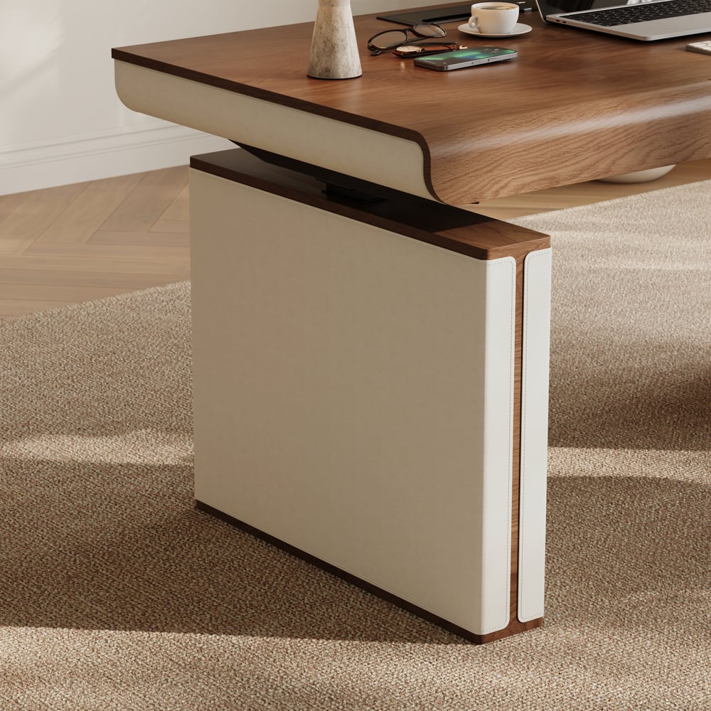 160 cm Height Adjustable Electric Standing Desk with Walnut Top and Leather-Wrapped Legs window image
