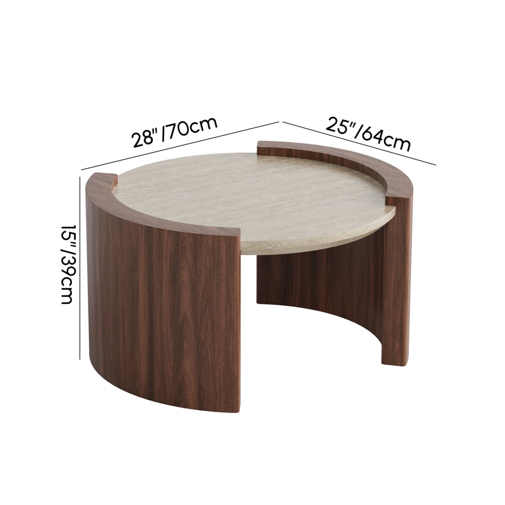 Table basse ronde en noyer de 28 pouces avec plateau en travertin Poids, dimensions, image