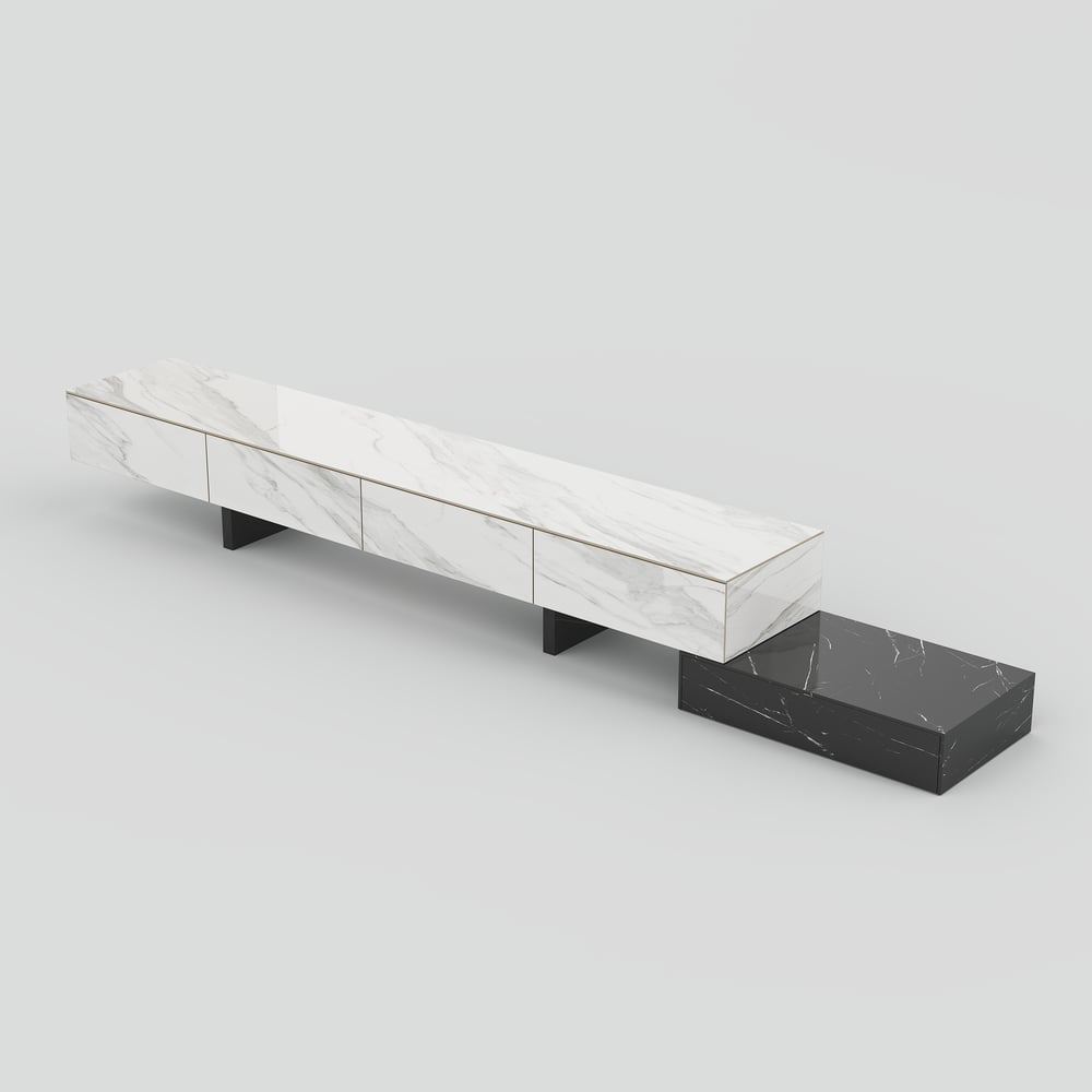 Meuble TV extensible de 87"-106" avec plateau en pierre frittée et 5 tiroirs image de fenêtre