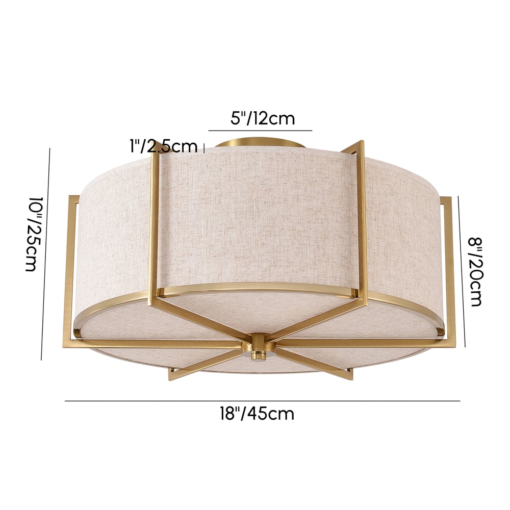 18" Linen Flush Mount Light in Gold Finish, 3-Light weights dimensions image