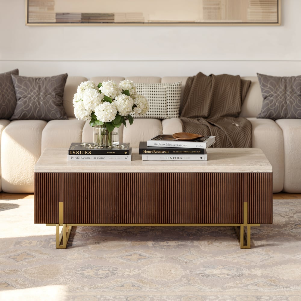 Table basse relevable Grovyn de 47,2" avec finition cannelée et 2 tiroirs image de fenêtre