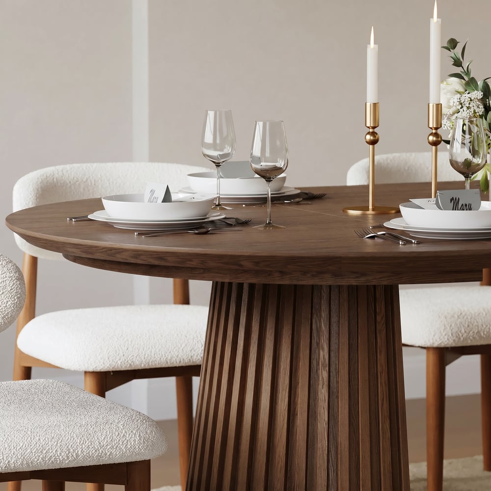 Modern 47"-79" Extendable Walnut Wood Dining Table with Fluted Base, Seats 4-6 window image