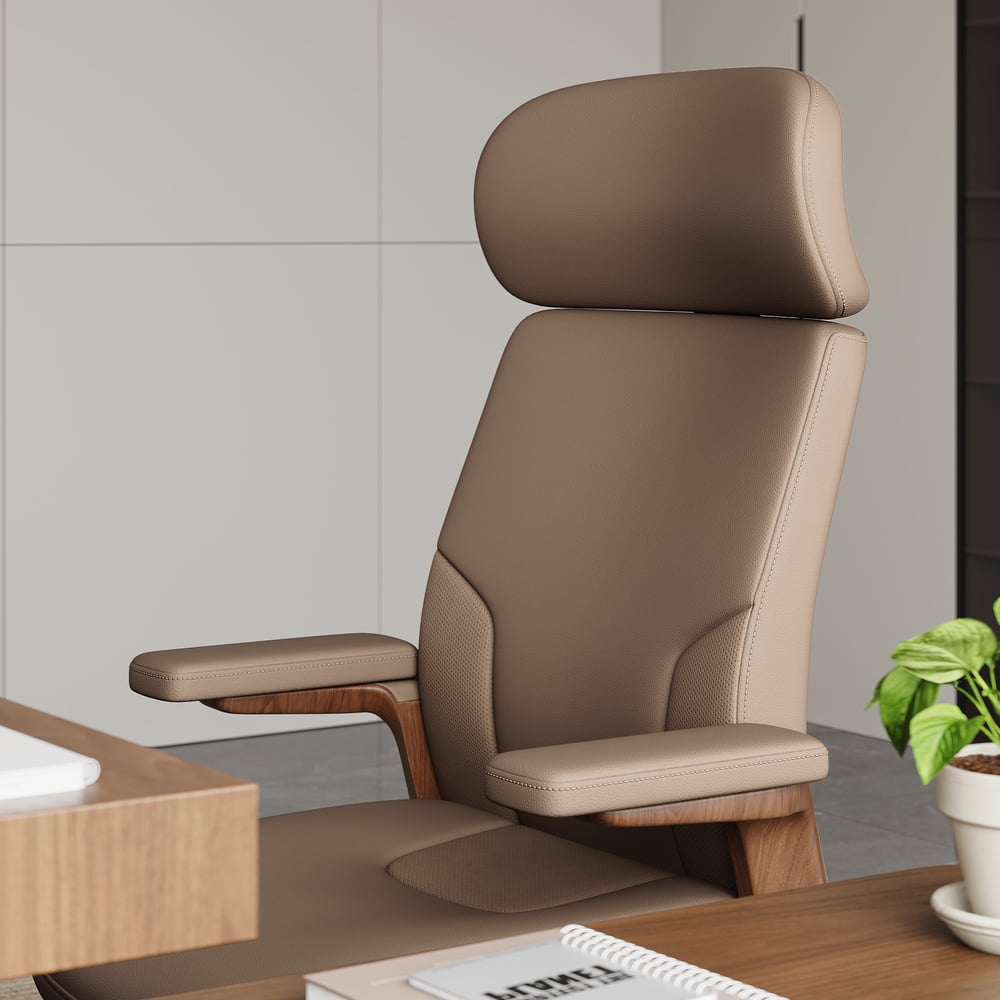 Khaki Genuine Leather Swivel Office Chair with Ergonomic Synchro-Tilt Recline System window image