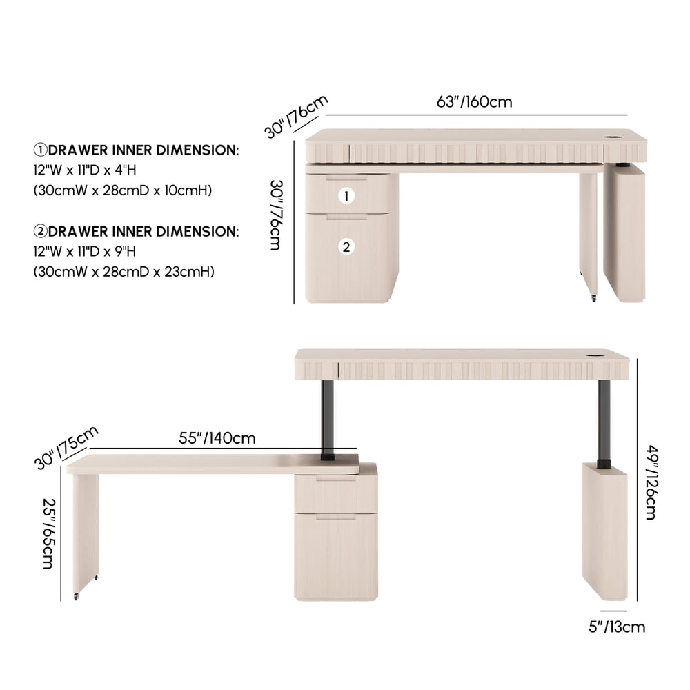 Aura 63" Whitewash Fluted 360-Degree Rotating Desk Electric Adjustable Standing Desk weights dimensions image