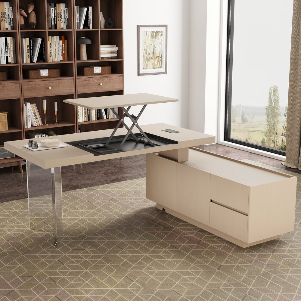 Modern 72" L-Shape Whitewash Standing Executive Desk with lifter Desktop Right Hand window image