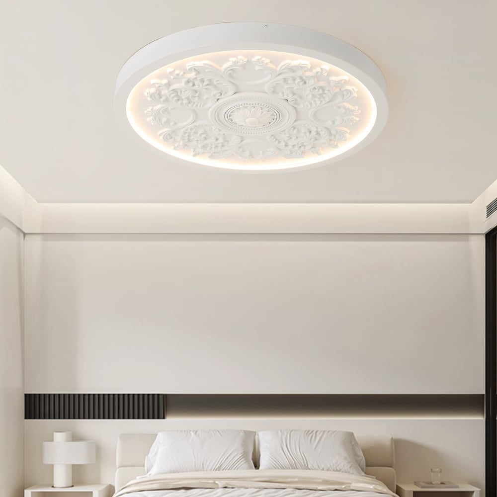 French Elegant White Resin 3D Carved LED Dimmable Flush Mount Ceiling Light window image