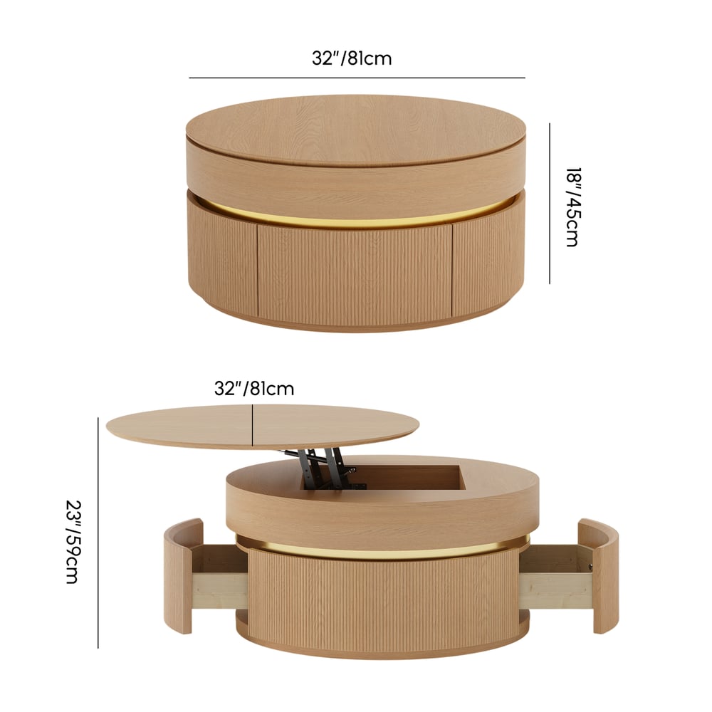 32" Fluted Lift-Top Round Coffee Table with 2 Drawers weights dimensions image