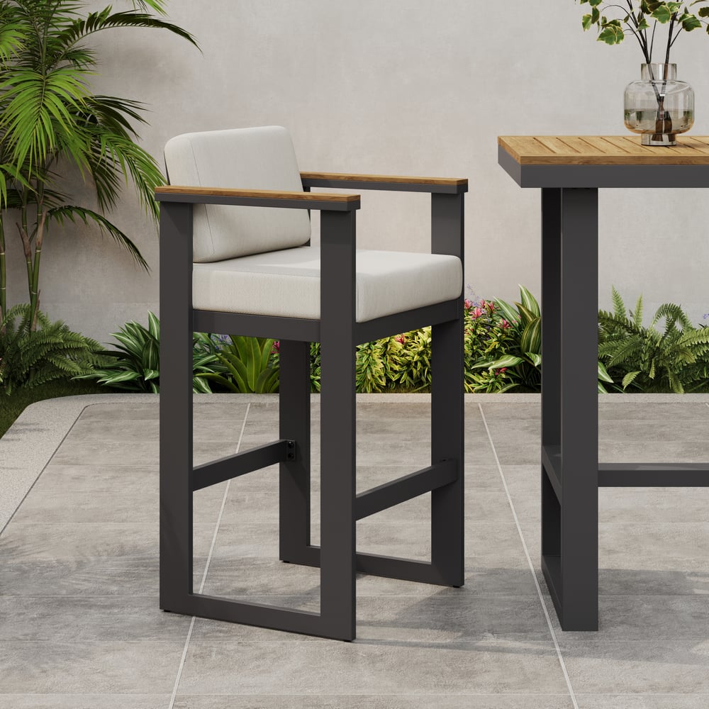 Tevara Outdoor Aluminum Frame & Teak Wood Armrest Bar Stools in Warm White, Set of 2 window image