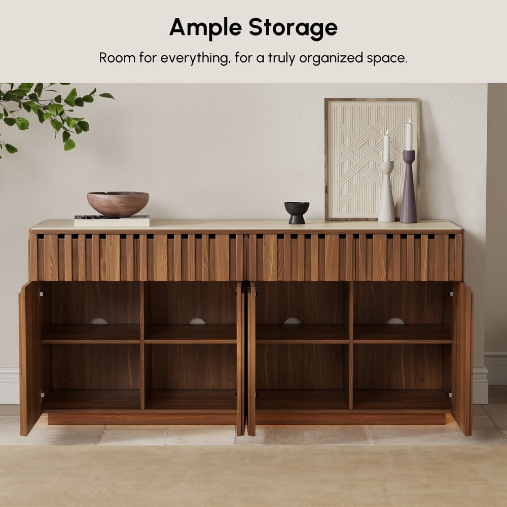 Aura 65" Ash Wood Slatted Walnut TV Stand with Sintered Stone Top window image