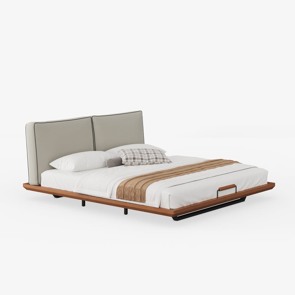 Japanese Style Solid Wood King Floating Bed with Headboard & Light window image