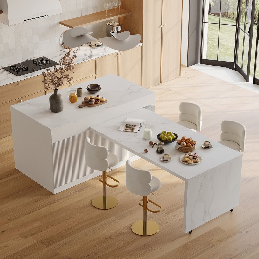 Modern 81"-112" Marble Pattern Kitchen Island with Doors & Drawers, White window image