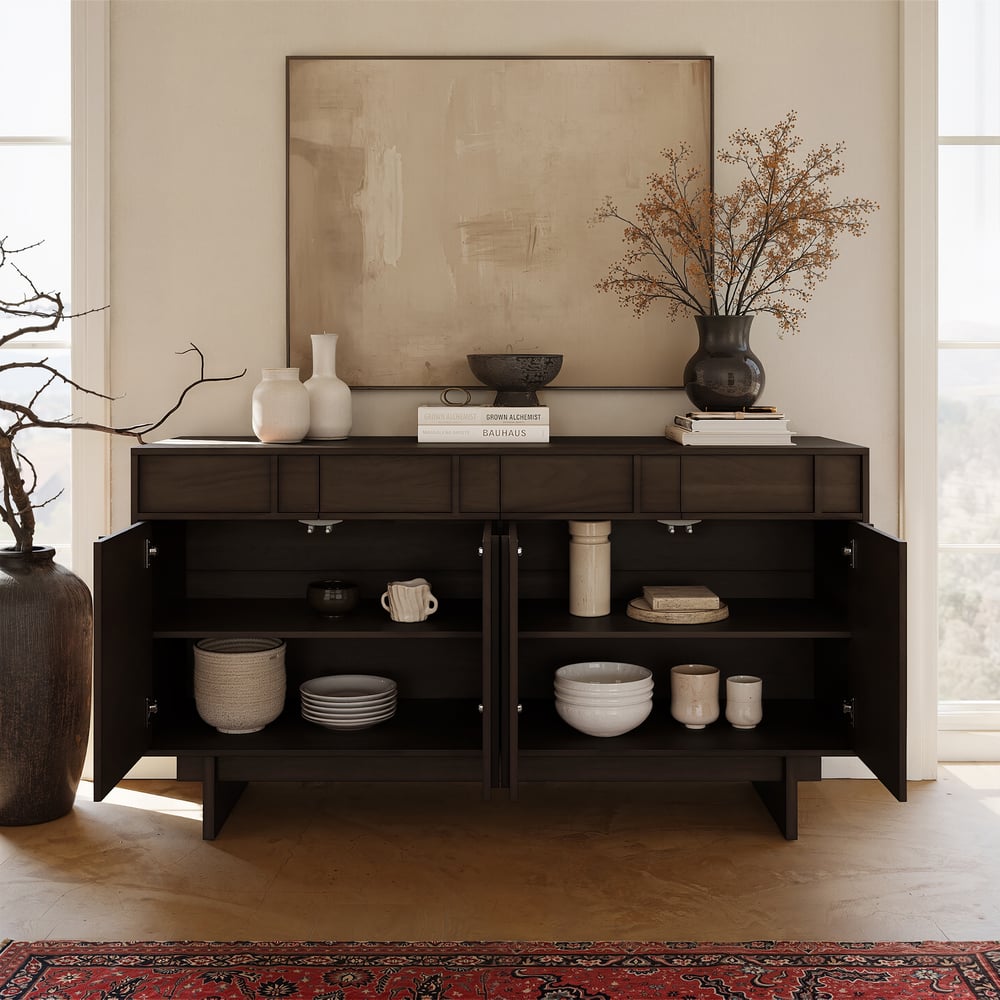 Panvyr Mid Century 60" Smoky Brown Wood Sideboard with Storage & Adjustable Shelves window image