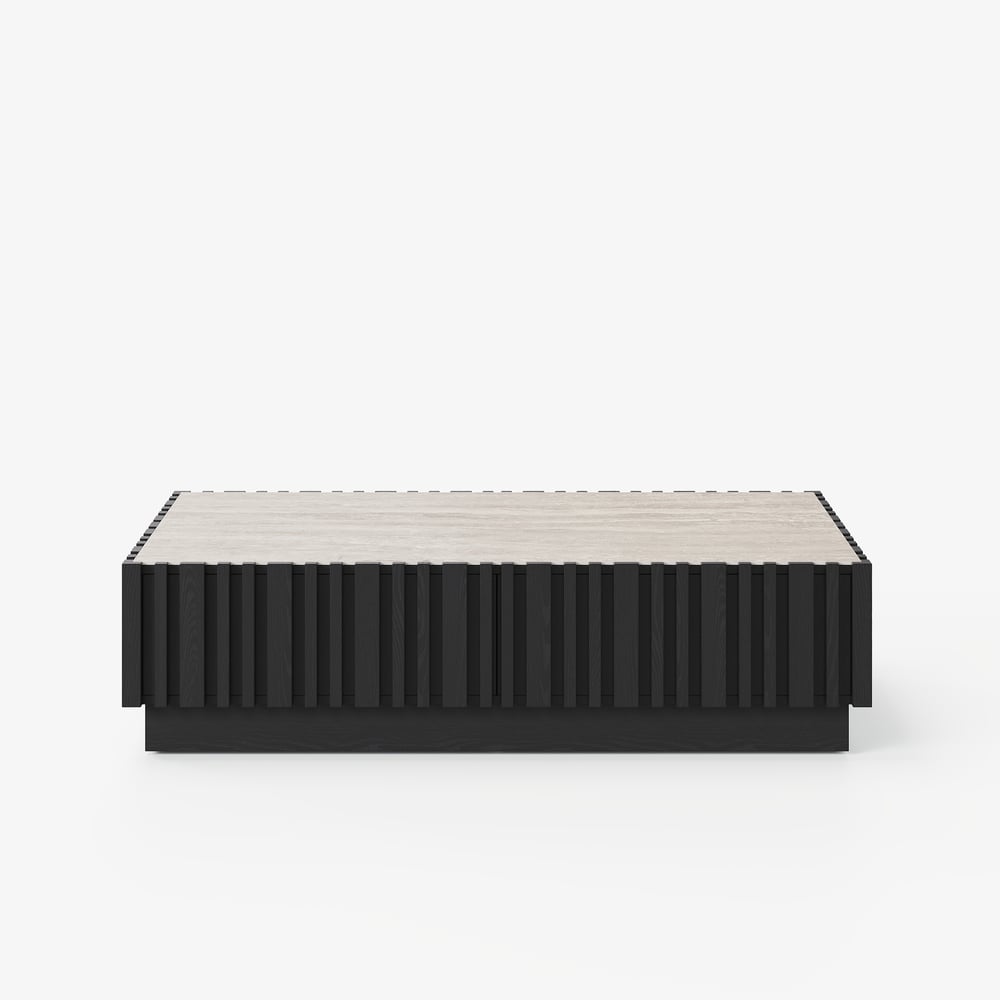 Table basse à lattes Aura 47" en bois de frêne avec plateau en pierre frittée image de fenêtre