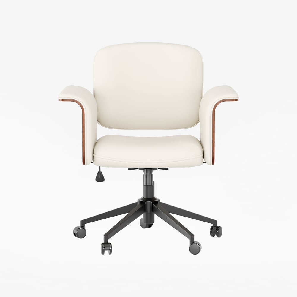 White L-Shaped Corner Desk with Storage & Warm White Faux Leather Office Chair window image