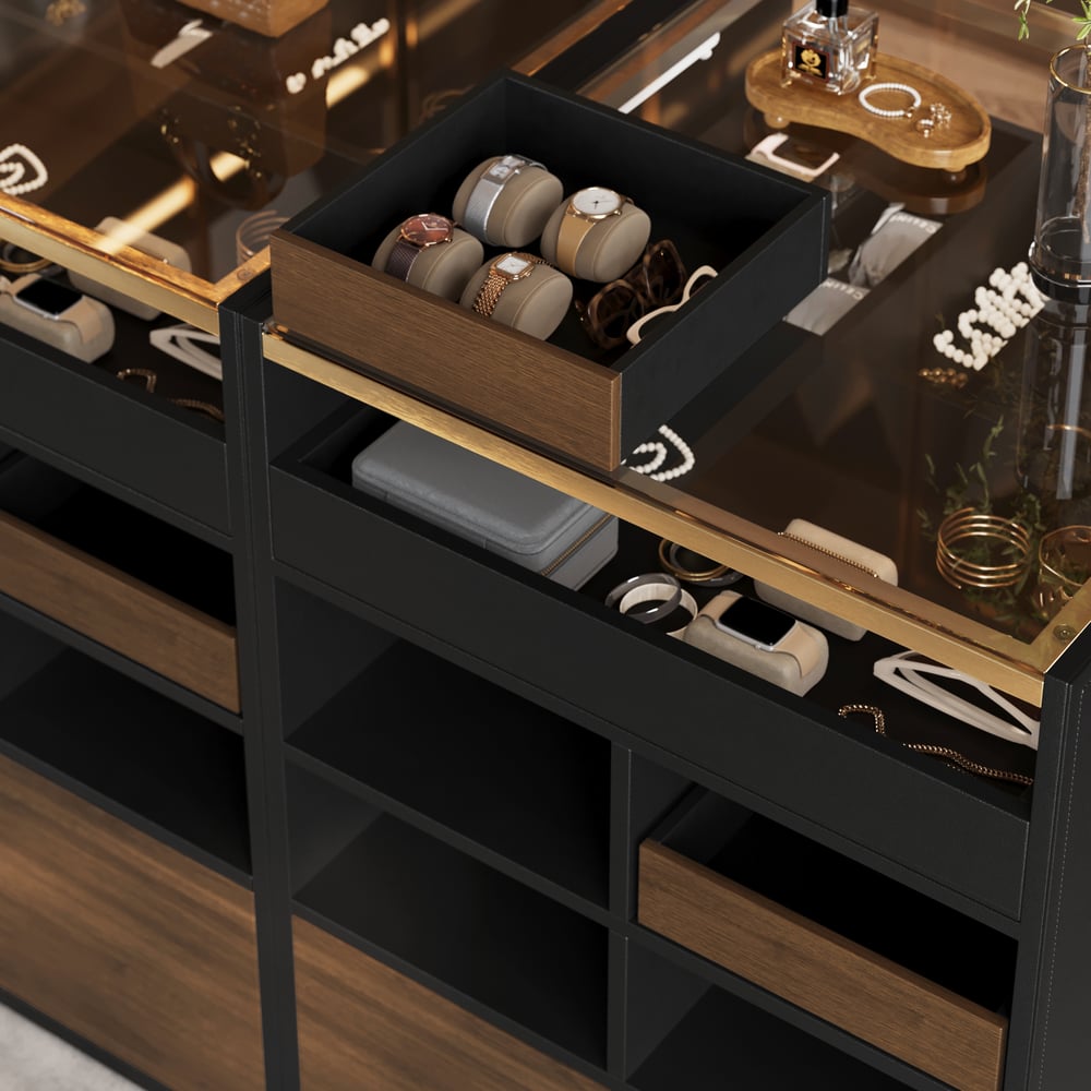 Saddle Leather 7-Dresser Walk-In Closet Island with Light & Jewelry Display window image