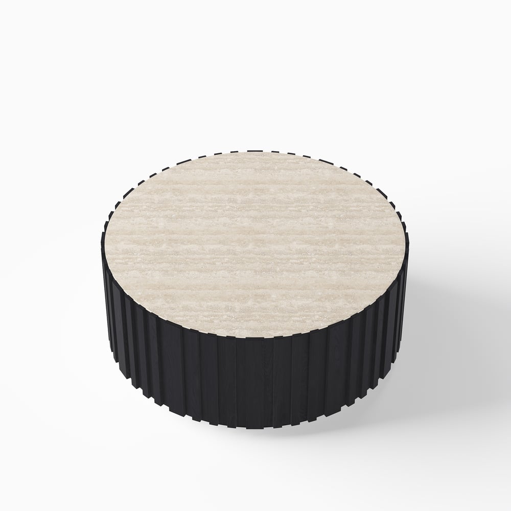 Aura 35" Round Black Slatted Sintered Stone Coffee Table with 2 Drawers window image