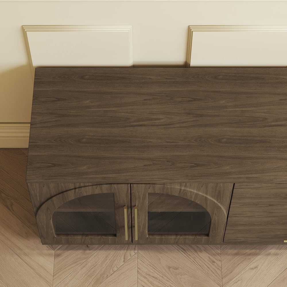 Arune 72" Arched Glass Doors Smoked Brown TV Stand with Storage and LED window image