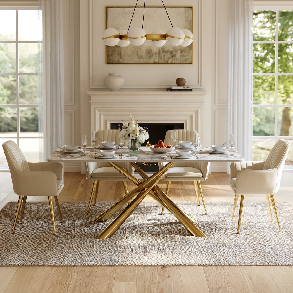 Ensemble de salle à manger 180 cm Table rectangulaire en pierre frittée Pandora brillante avec 6 chaises image de fenêtre