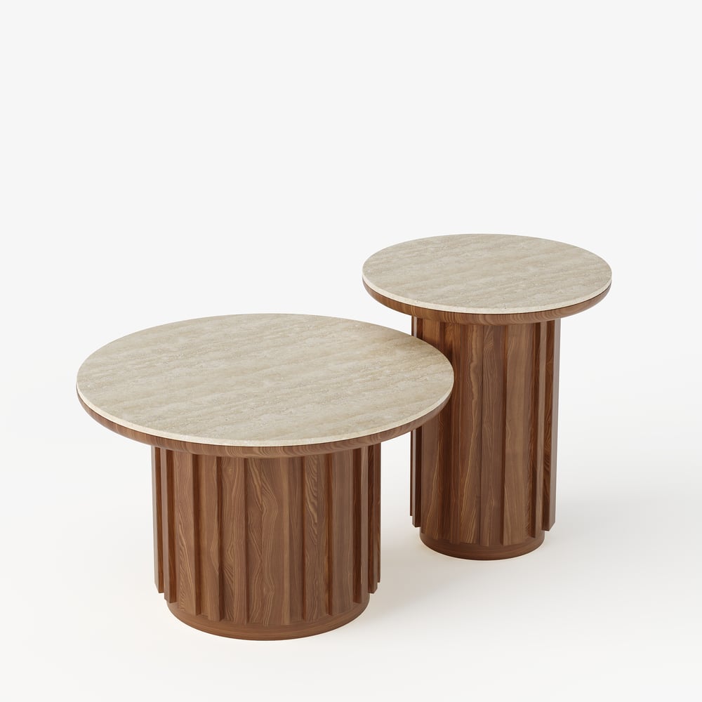 Aura 2 Piece Set Ash Wood Slatted  Round Coffee Table with Sintered Stone Top(20" - 28") window image