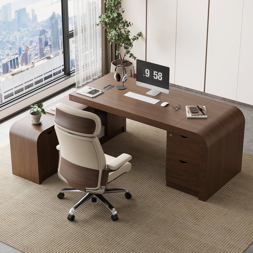 Ivory Genuine Leather Swivel Office Chair with Ergonomic Synchro-Tilt Recline System window image