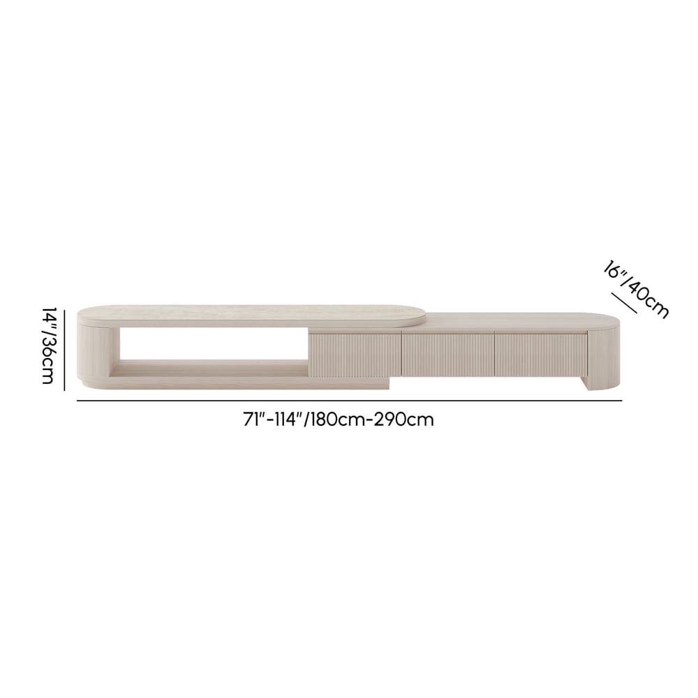 Rozšiřitelná rýhovaná televizní skříňka Velar 180-290 cm se spékavou kamennou deskou a 3 zásuvkami váhy a rozměry obrázku
