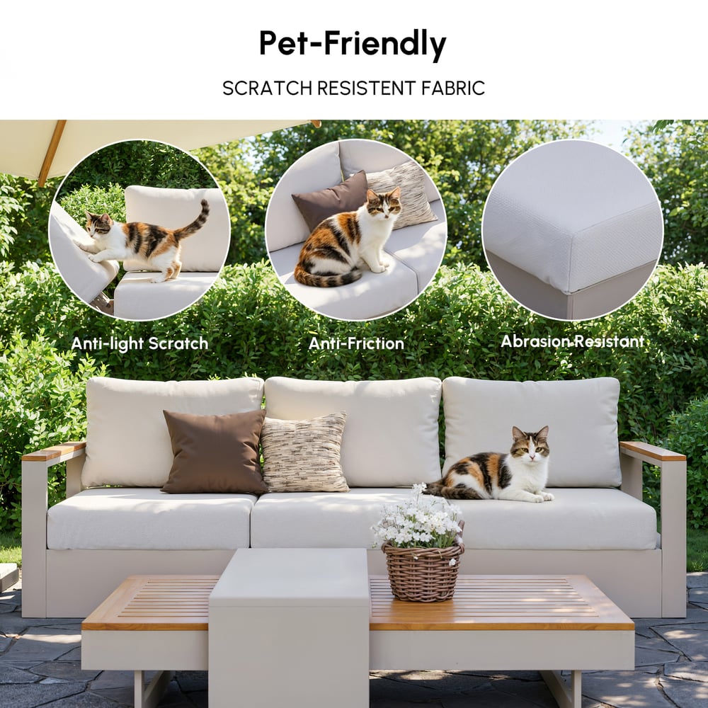 Tevara 6-Person Outdoor Sofa Set with Wood & Aluminium Frame, Sand & Warm White (4-Piece) window image