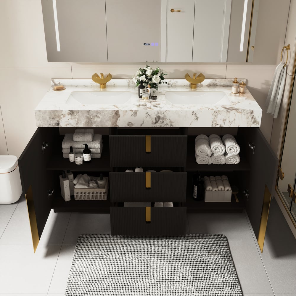 Mueble de baño Artis de 60" con doble lavabo y encimera de piedra sinterizada, 3 cajones Imagen de ventana