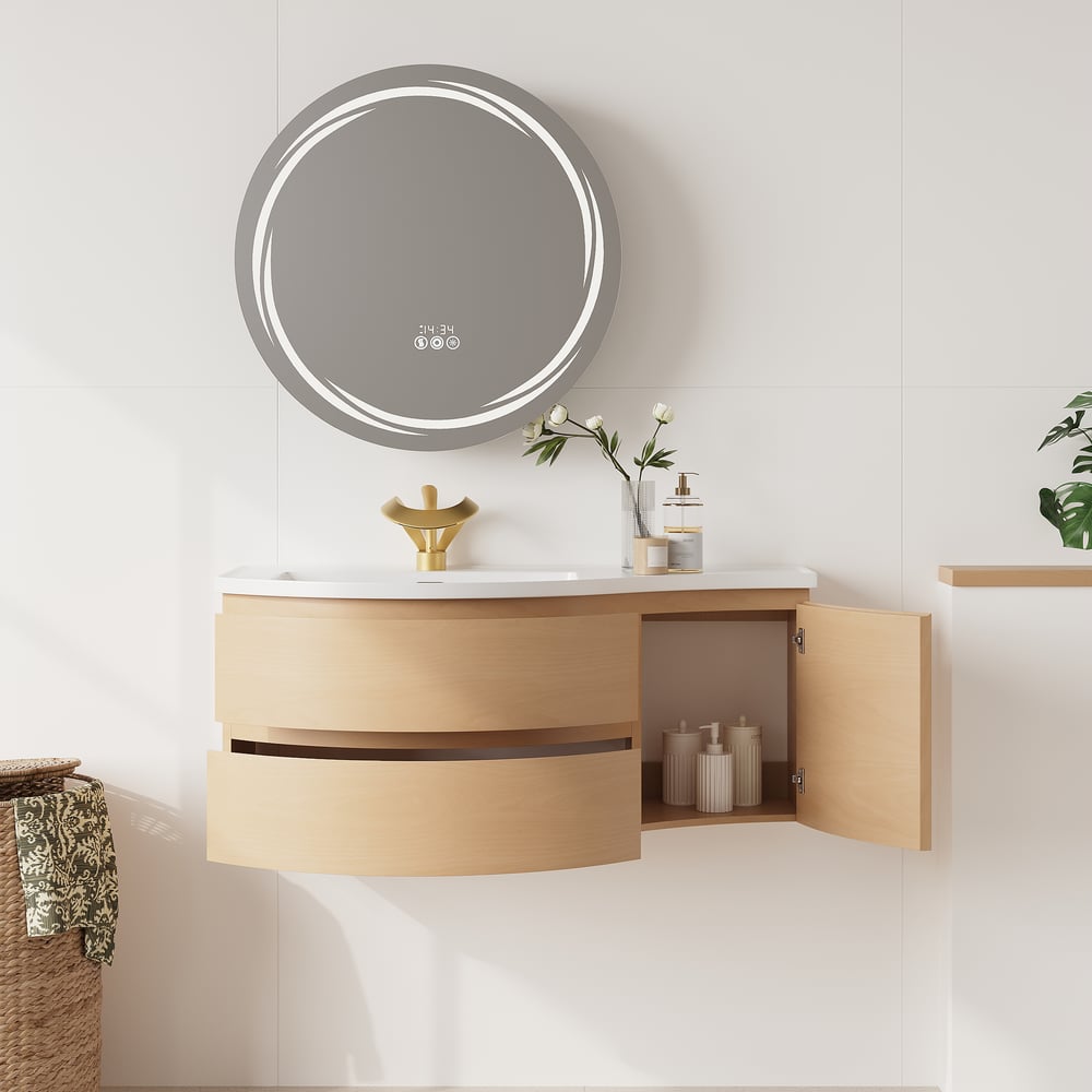 Floating Curved Bathroom Vanity & Round LED Medicine Cabinet Set Left Offset window image