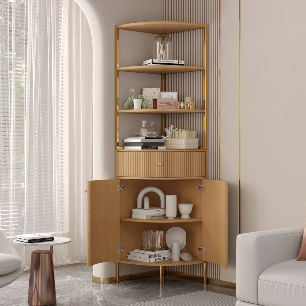 Modern 75" Natural Etagere Corner Bookshelf with Drawer and 2-Door Cabinet window image