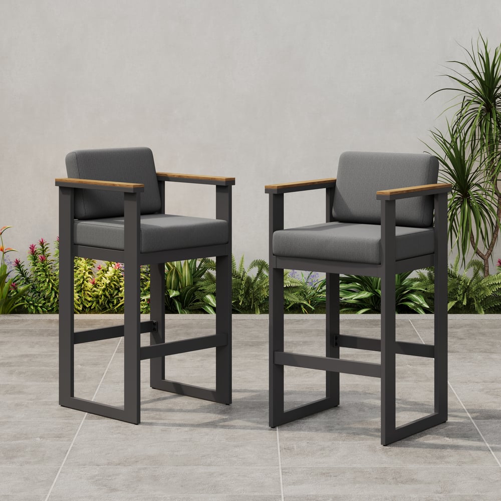 Tevara Outdoor Aluminum Frame & Teak Wood Armrest Bar Stools in Dark Gray, Set of 2 window image