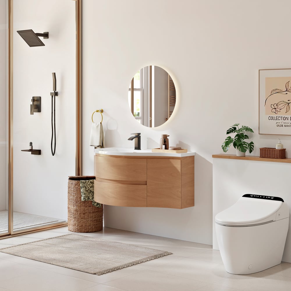 35" Floating Single Curved Bathroom Vanity with Sink & Storage window image