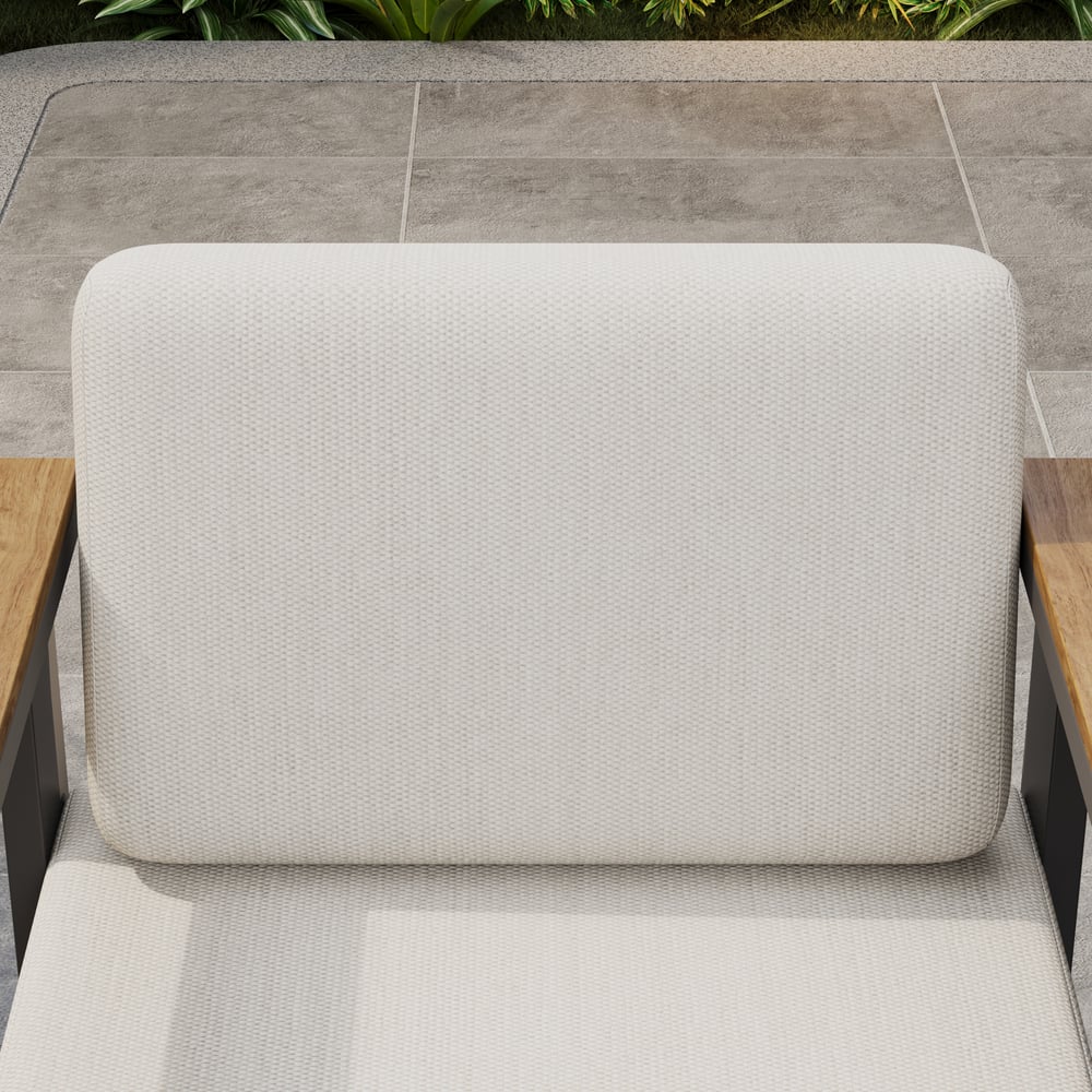 Tevara Teakhouten Moderne Outdoor Bar Set Donkergrijs Frame & Warm Wit Kussen Vensterafbeelding