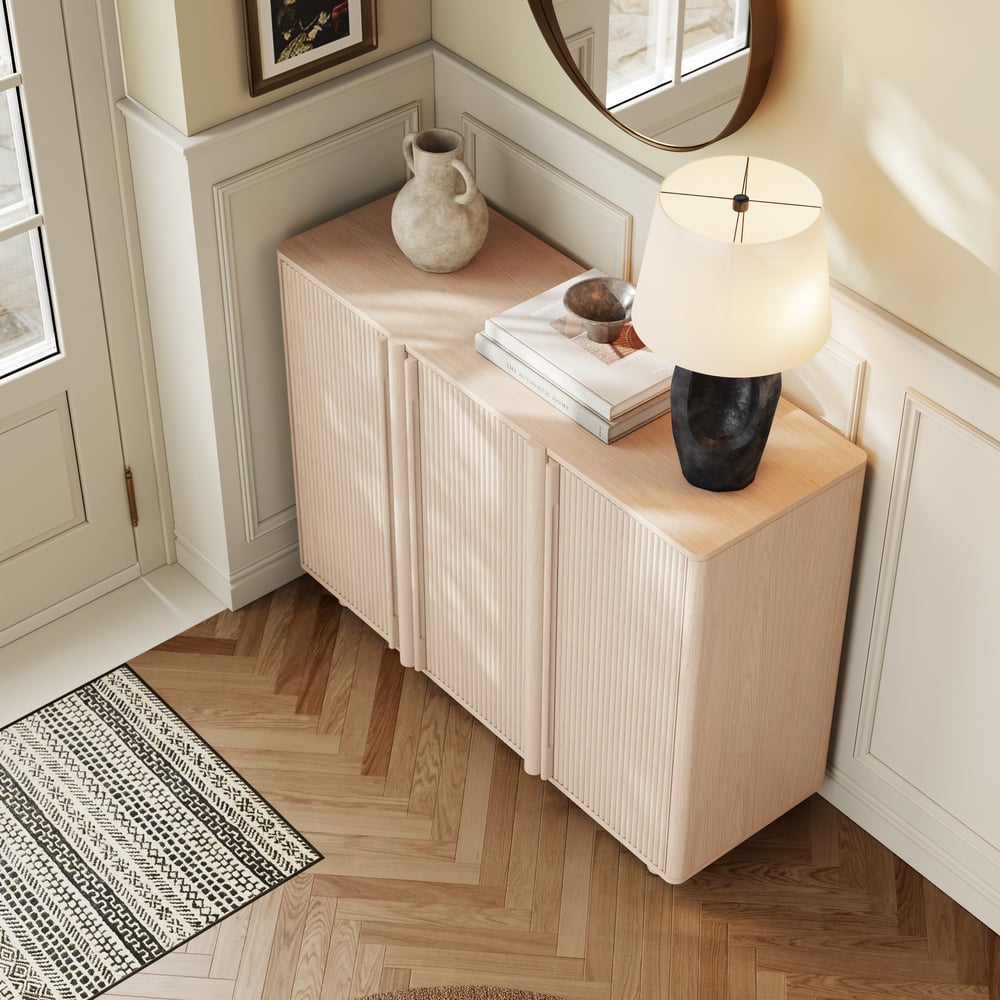 Lineva 48" Ash Wood Veneer Shoe Storage Fluted Entryway Cabinet window image