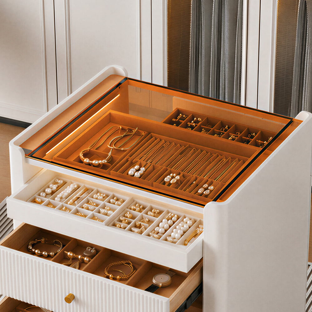 Îlot de placard moderne de 29,5" en cuir cannelé, commode à 7 tiroirs avec éclairage et rangement pour bijoux image de fenêtre
