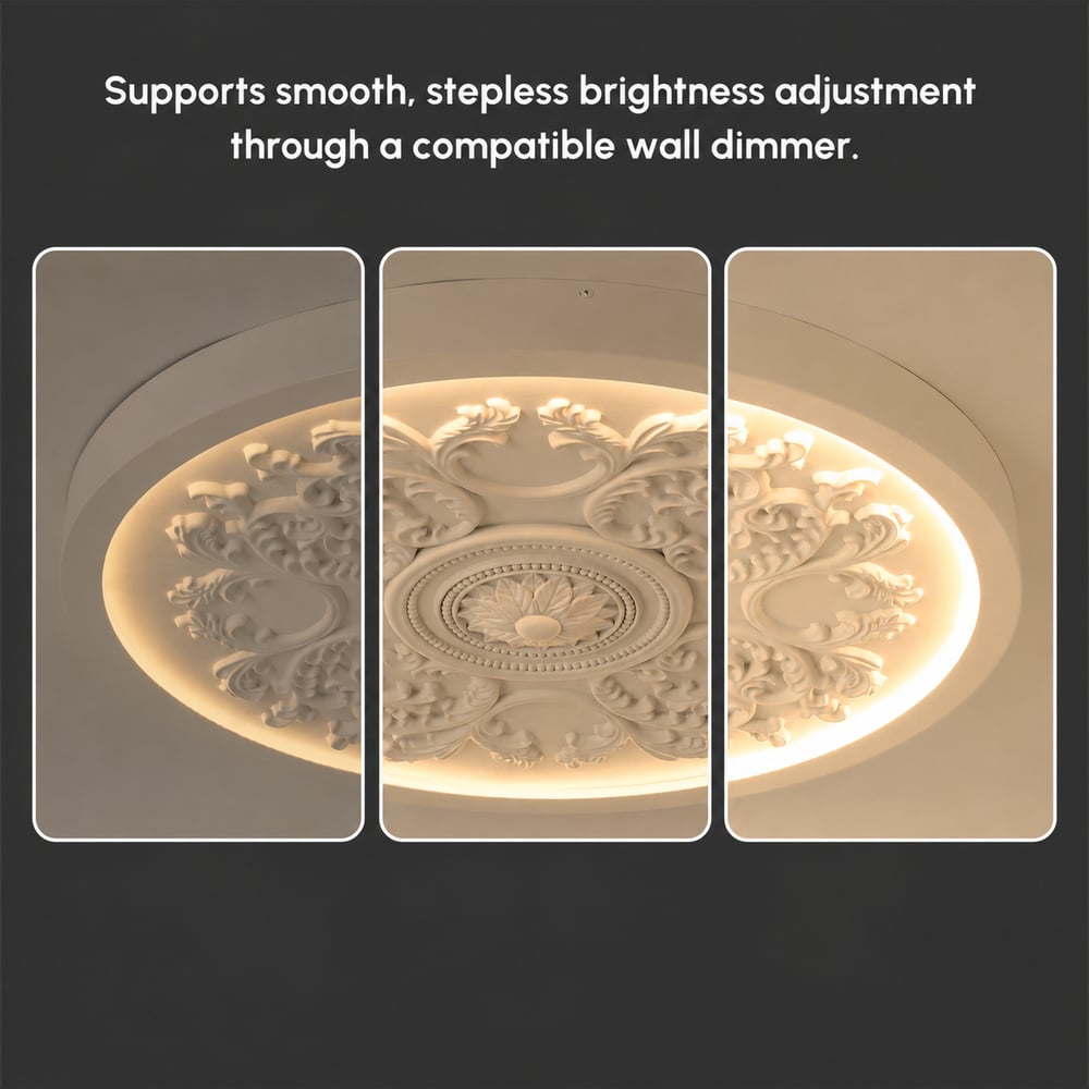 French Elegant White Resin 3D Carved LED Dimmable Flush Mount Ceiling Light window image