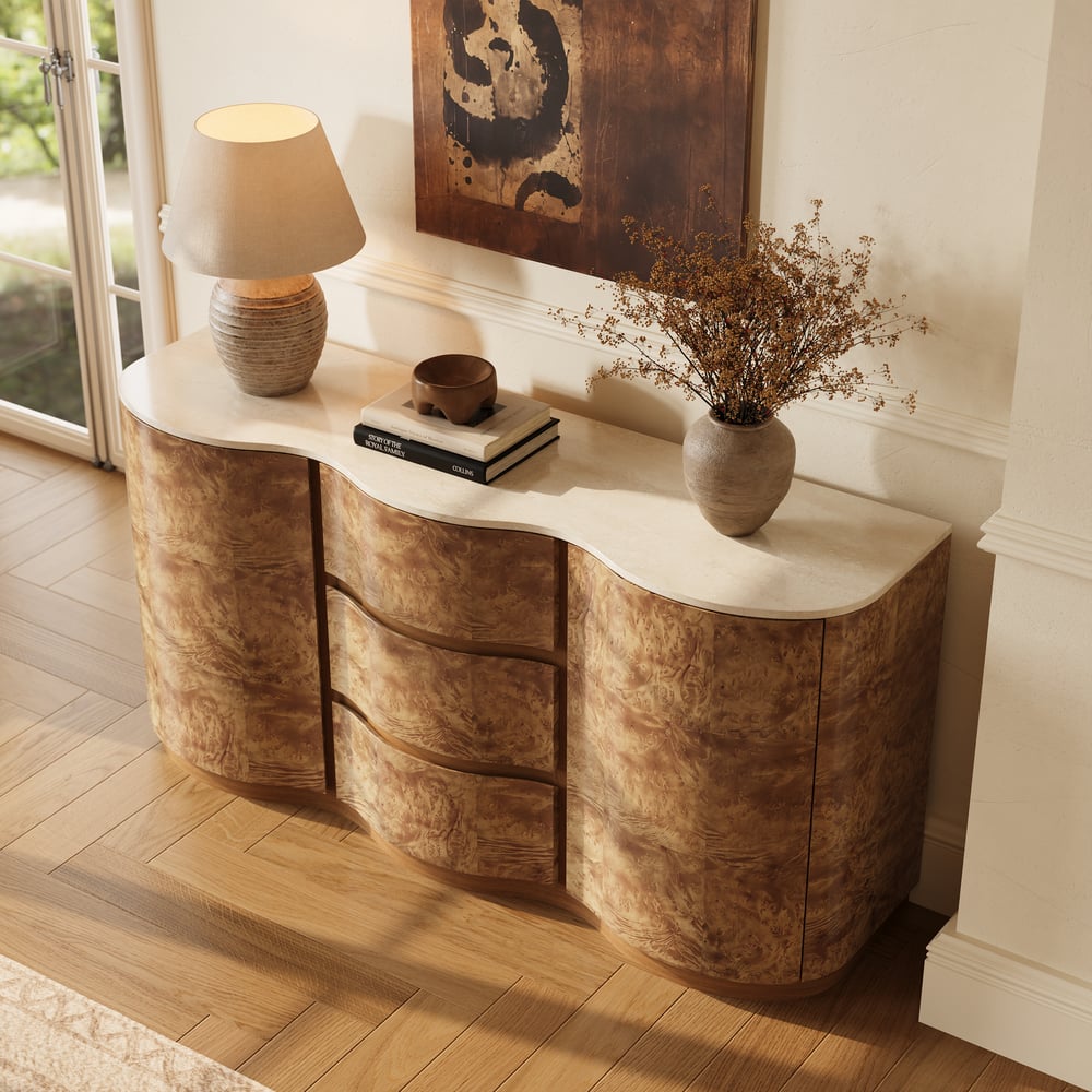 Modern 63" Burl Wood Sideboard with Sintered Stone Top window image