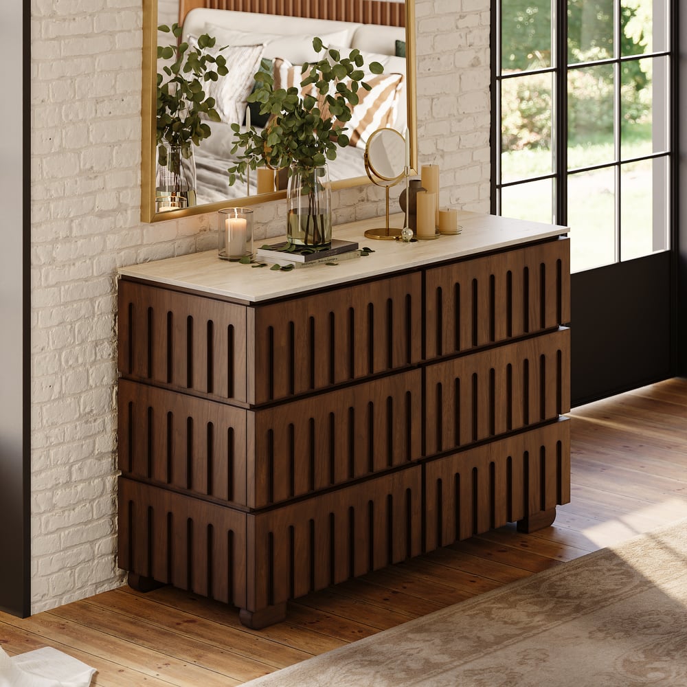 Commode moderne de 47 po en bois de frêne à 6 tiroirs avec dessus en pierre frittée imitation travertin image de fenêtre