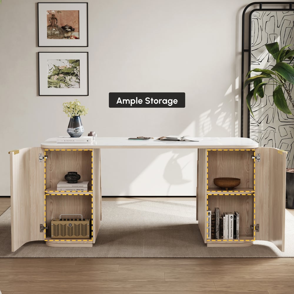 Modern Wash White Ash Wood & Sintered Stone Rectangle Desk with 6 Drawers (63.8") window image