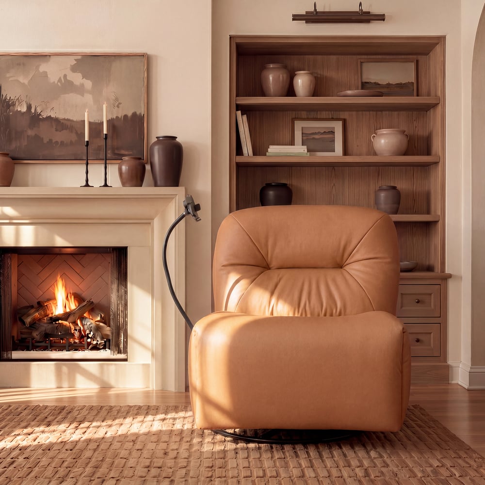 Leather Power Swivel Rocker Recliner Accent Chair with Phone Holder window image