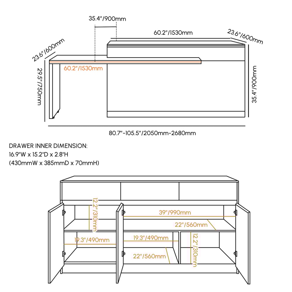 Modern 81"-106" Sintered Stone Kitchen Island with Drawers & Doors, White weights dimensions image