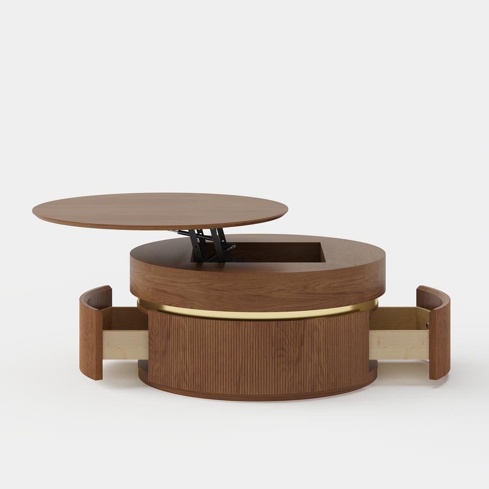 Table basse ronde en noyer à plateau relevable cannelé de 32 pouces avec 2 tiroirs image de fenêtre