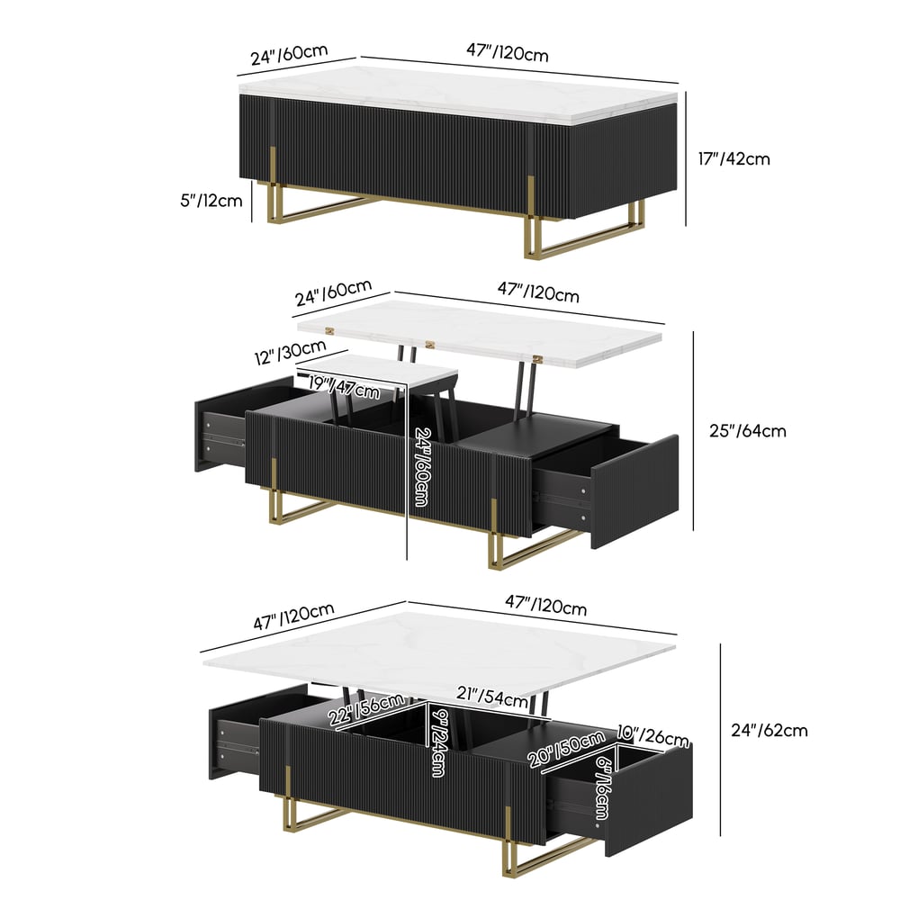 Grovyn 47" Fluted  Lift-Top Coffee Table with 2 Drawers weights dimensions image