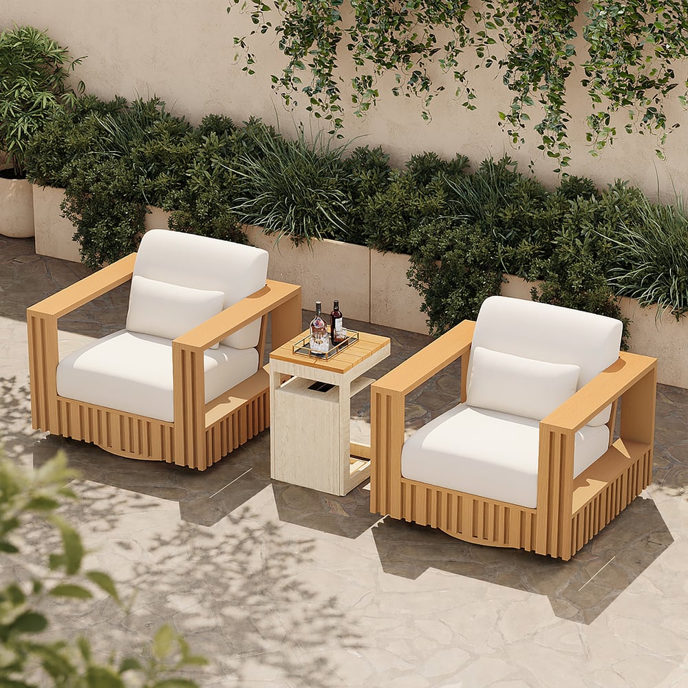 Modern Outdoor Sculptural Fluted 360-Degree Swivel Accent Chair in Natural window image