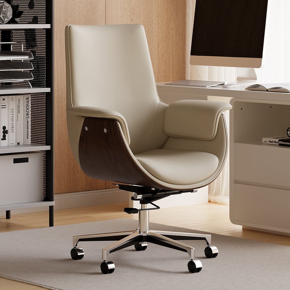 White Double Desk with Drawers & 2 Ivory PU Leather Modern Home Office Chairs window image