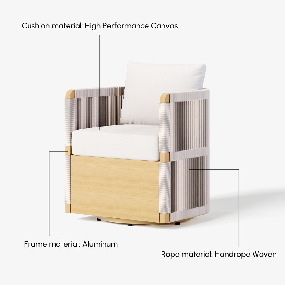 Costra  Outdoor Aluminum Extendable Dining Set with 6 Woven Swivel Armchairs in Ivory window image