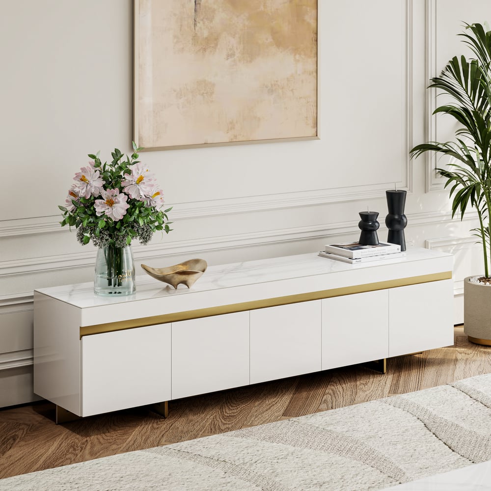 86" White Sintered Stone Top TV Stand with 4 Drawers window image