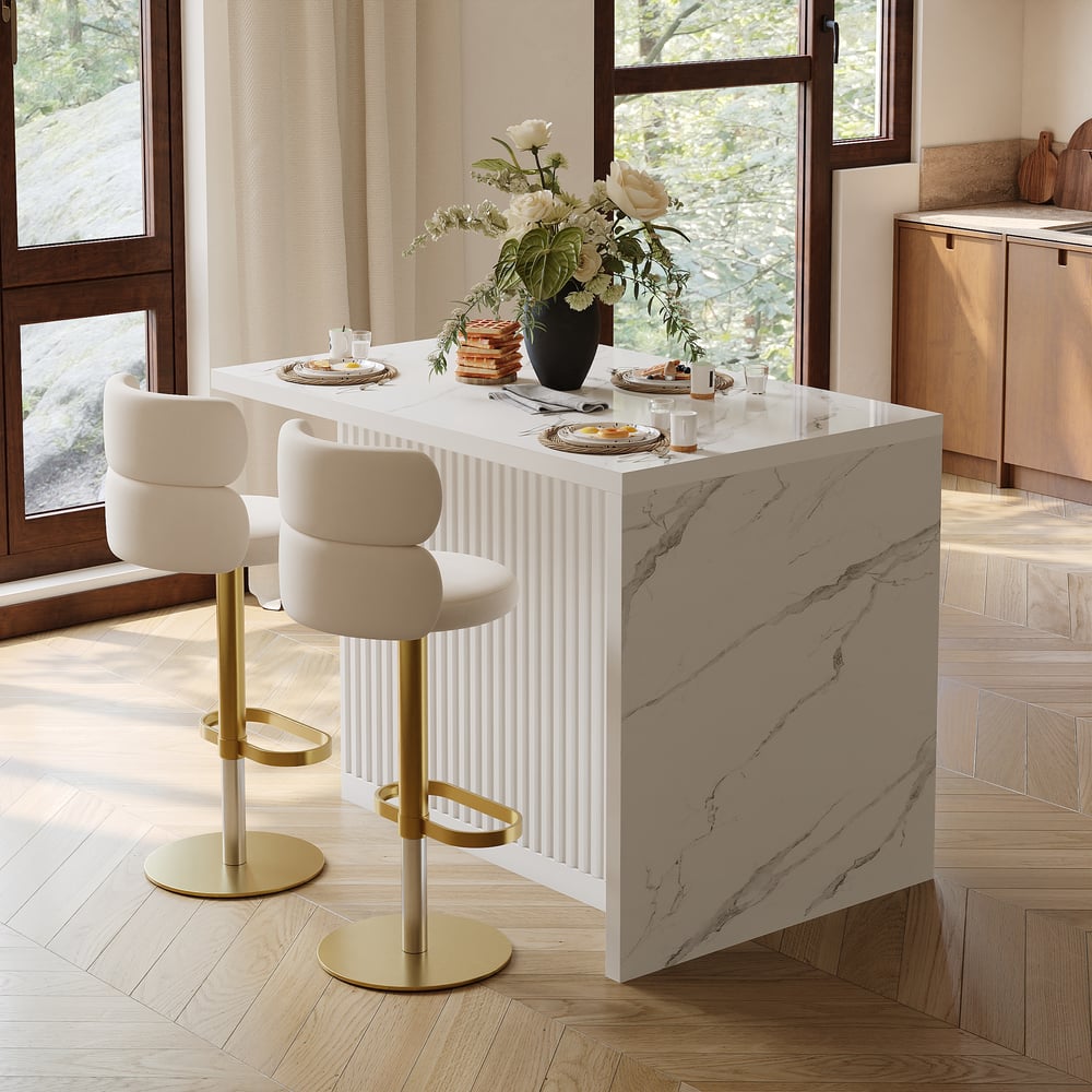 Îlot de cuisine moderne de 50 pouces en placage de marbre avec grand espace de rangement, blanc image de fenêtre