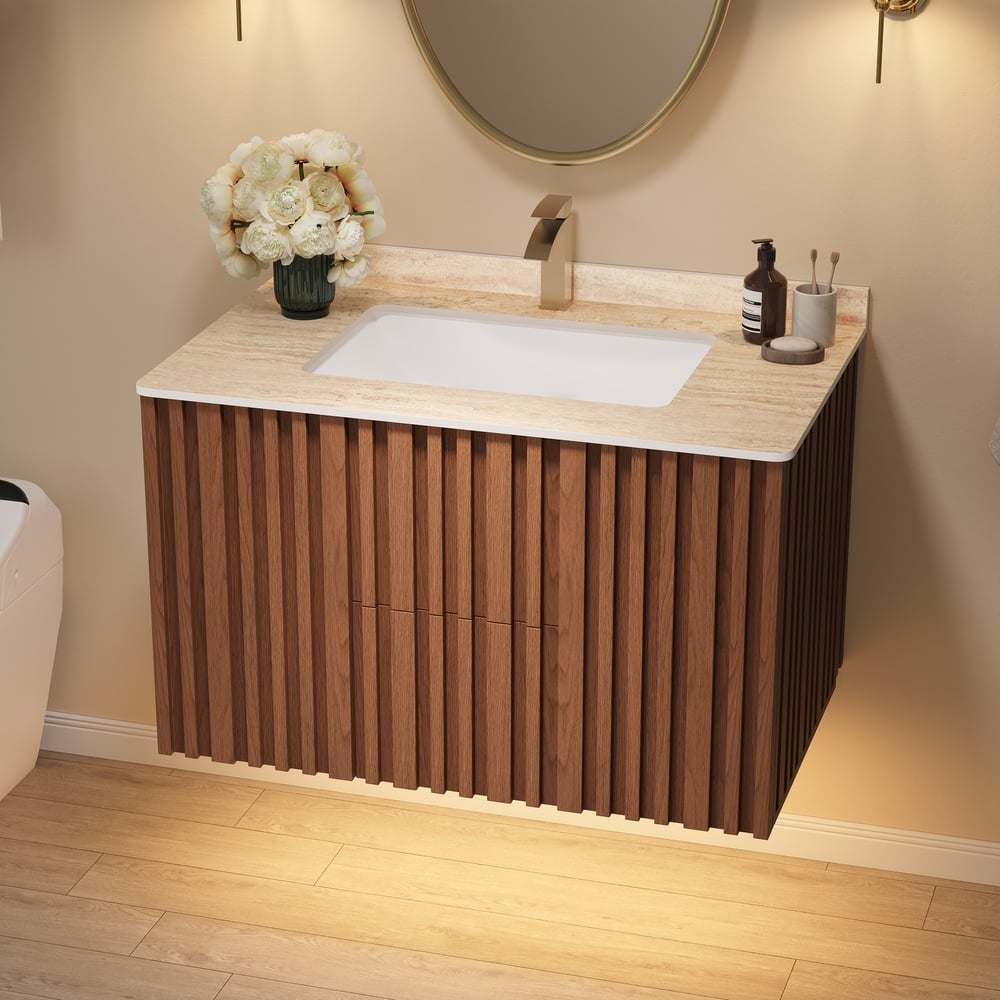 Aura 36" Bathroom Vanity with Light Ash Wood Slatted Panels Faux Travertine Top window image