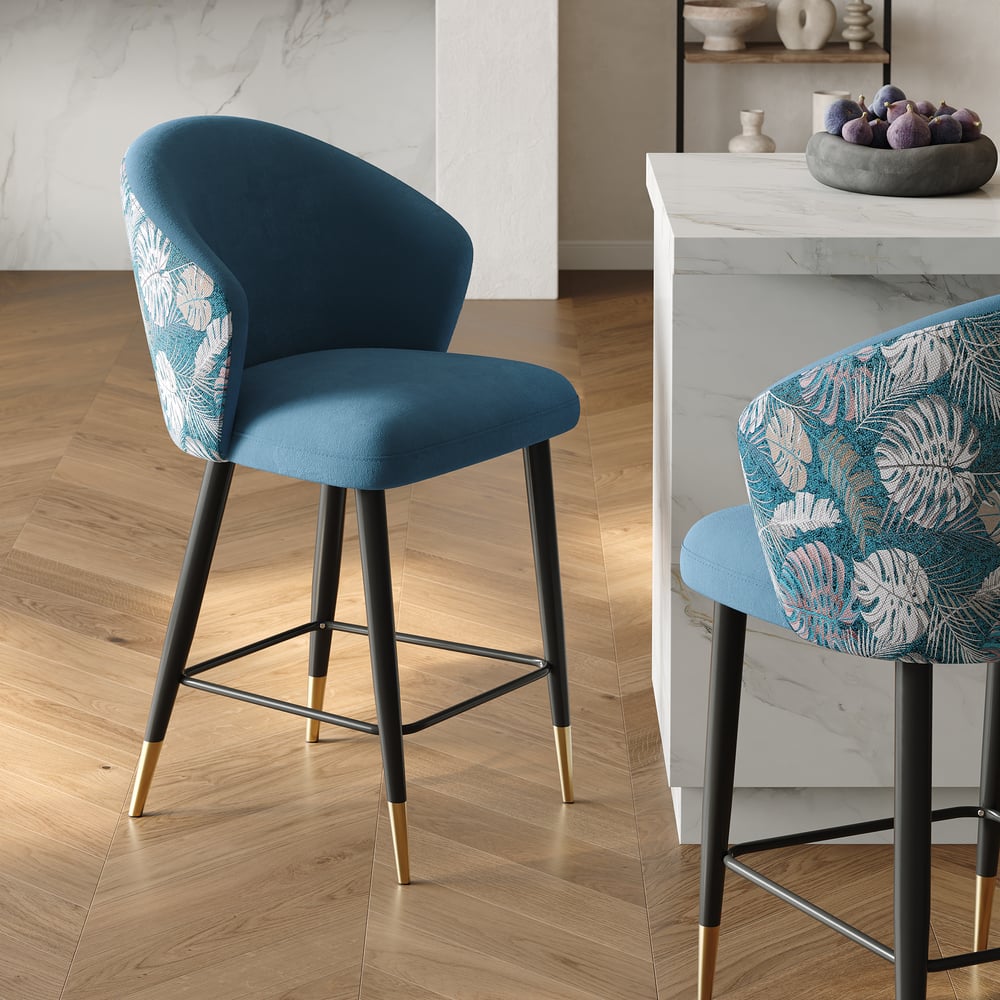 Modern Blue Velvet Counter Stool with Upholstered, 1 Piece window image