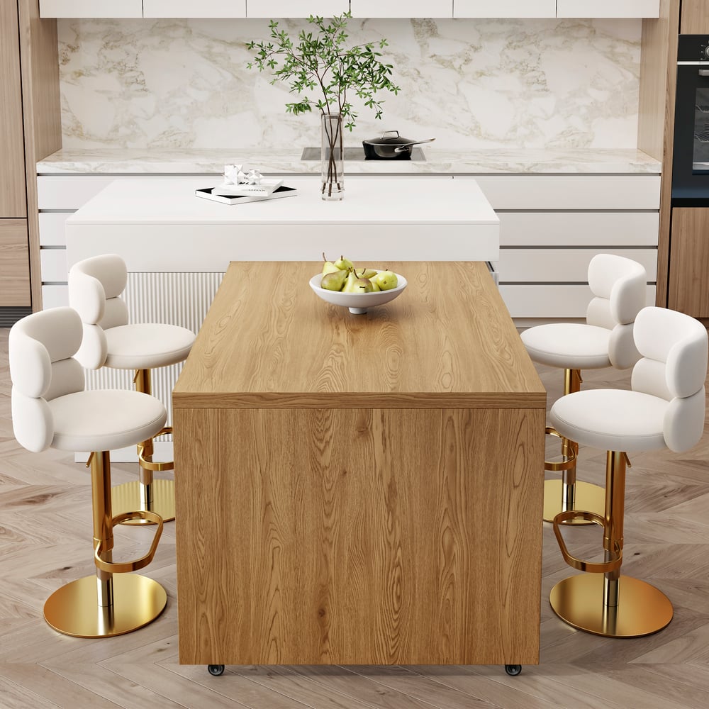 Îlot de cuisine extensible en bois de 81''-112" avec rangement, Naturel & Blanc image de fenêtre